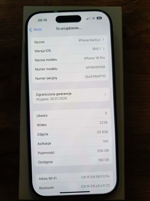 Iphone 16 Pro 256 GB Black idelany pudelko