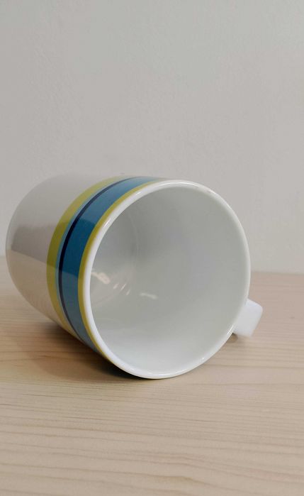 StaryKubekCeramiczny ,,Sinki" biały z pasemNiebieskim/Zielonym/ 320 ml