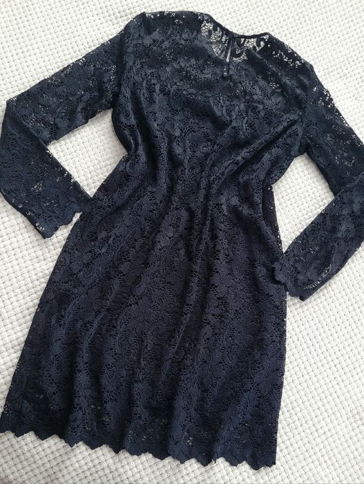 Nowa cudowna granatowa trapezowa sukienka koronkowa długi rękaw r.38 M