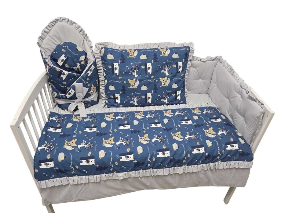 SZARA Wyprawka do łóżeczka, pościel, rożek, 7el, bawełna, Zwierzaki