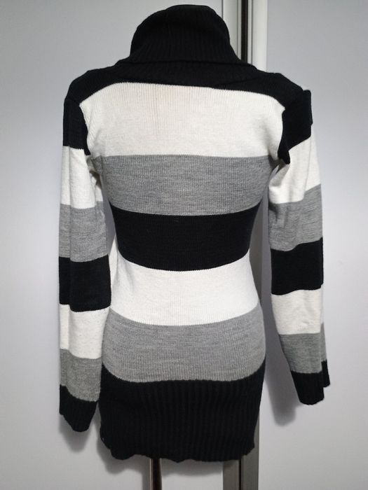 Sweter z długim tunika sukienka czarny biały szary paski golf r. 38 M