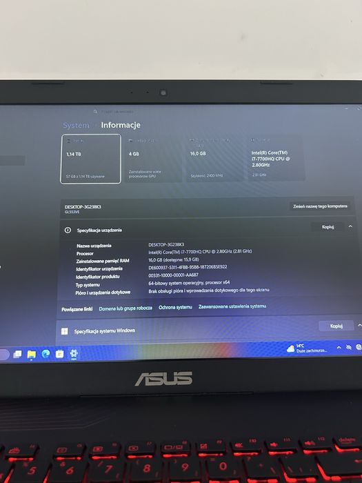 Asus ROG Strix GL553VE - Intel Core i7 HQ - GeForce GTX 1050 Ti -16 GB RAM -NVMe 256GB + 1TB