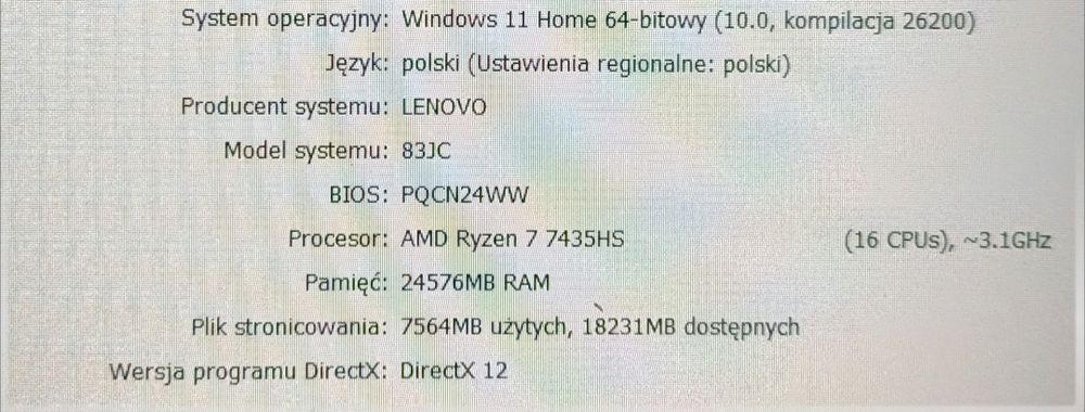 Laptop Gamingowy Lenovo LOQ | R7-7435HS | 24GB RAM | RTX 4050 | Win 11 | Gwarancja