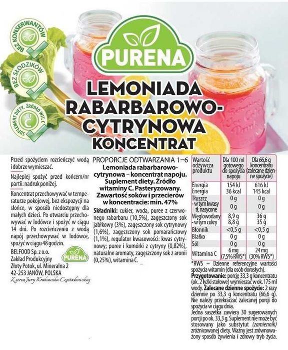 Lemoniada rabarbarowo - cytrynowa koncentrat 1kg na 6l