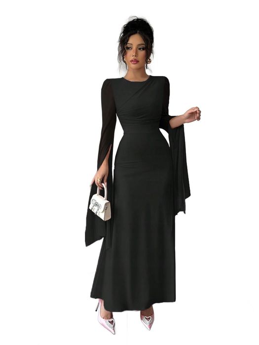 Czarna sukienka elegancka midi z marszczeniami i długimi rękawami l 1la