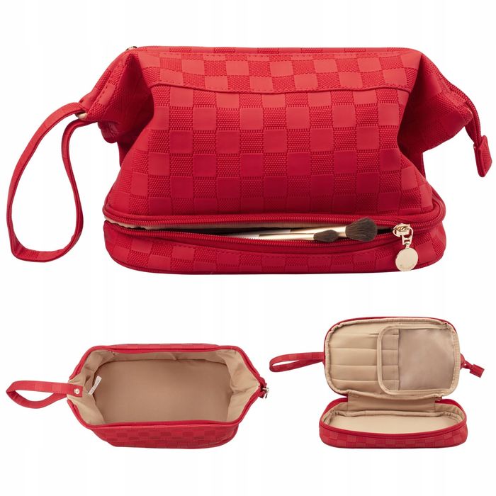 Kosmetyczka z przegrodami czerwona PU z uchwytem podróżna wodoodporna