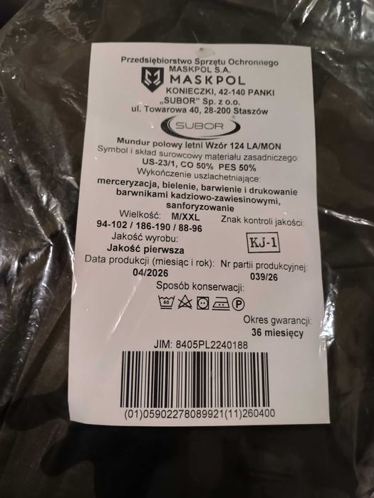 Wojskowy mundur polowy letni wzór 124LA rozmiar M/XXL