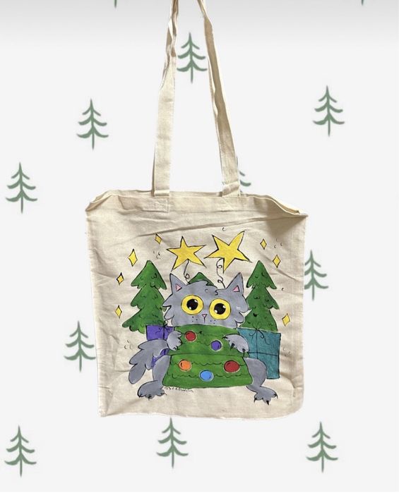 Bawelniana torba świąteczna szary kot choinka boho święta kociara