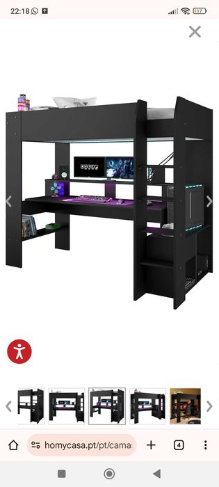 Cama elevada com secretária LED's