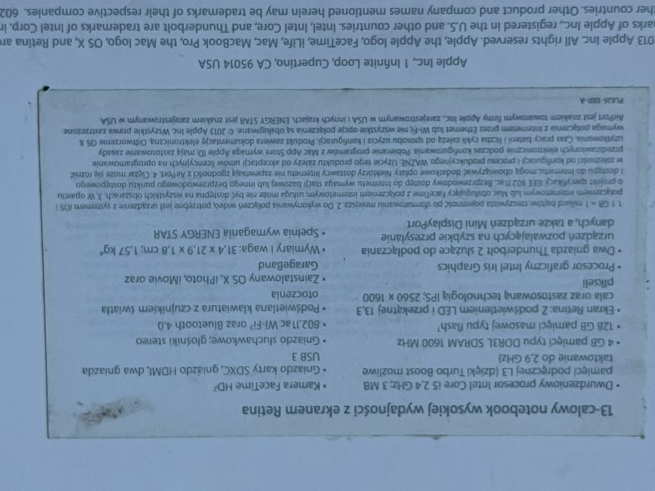 Macbook Pro 13” late 2013 A1502 zestaw