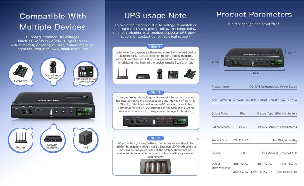 UPS для роутера модема DC1018L DC1036L Li-Ion 18/36W 5/9/12В USB PoE