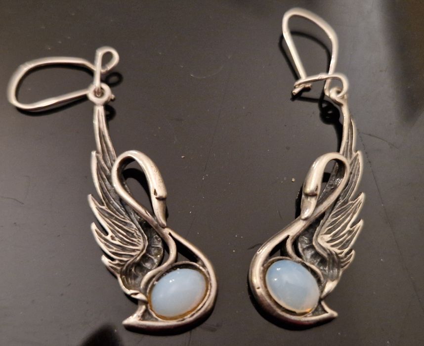 925 srebrne łabędzie długie kolczyki cudne! Z opalem 5,3cm