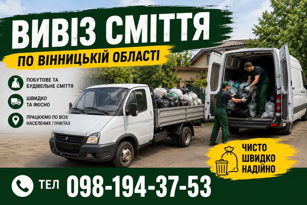 Вивоз мусора Вивіз сміття Вінницька область села швидко акуратно вантажники недорого будівельне сміття меблі техніка прибирання вивезення сміття