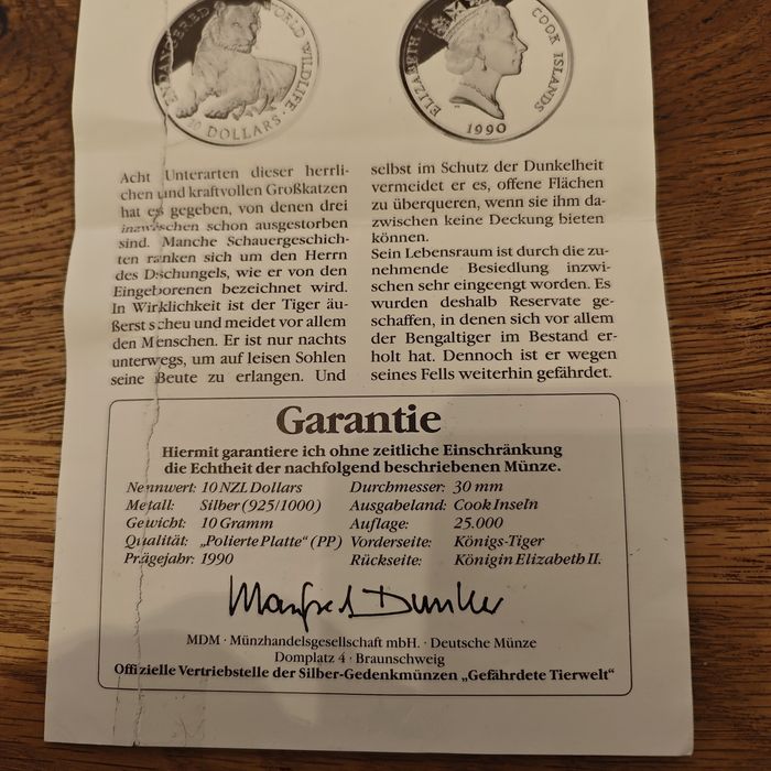 Srebro. 10 dollars 1990  Tygrys. Certyfikat