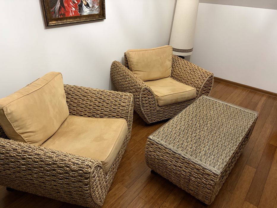 Komplet rattanowy,welur fotele,stolik