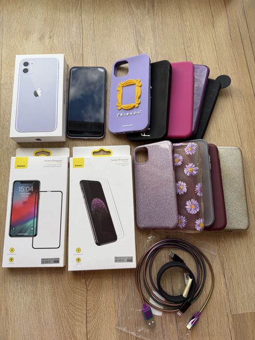iPhone 11 64 GB fiolet + opakowanie + 13 casów + 3 szkła + 2 przewody