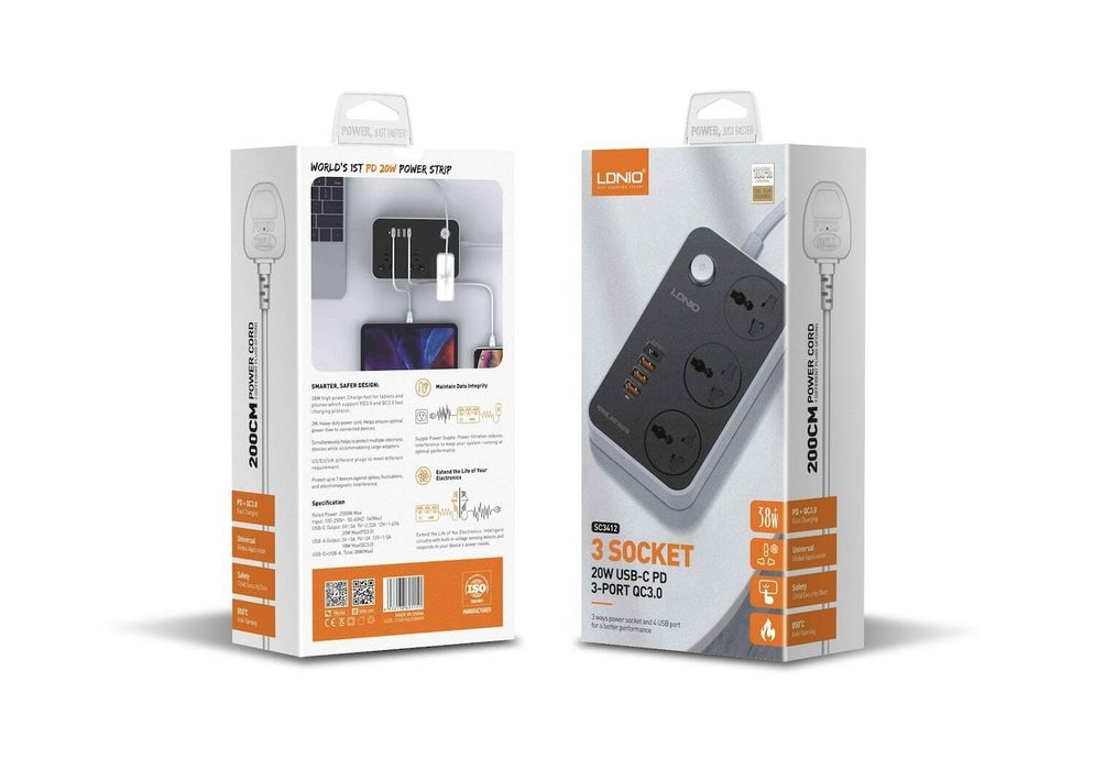 Удлинитель LDNIO SC3412 сетевой фильтр QC зарядка 3 220+3USB+1TypeC PD