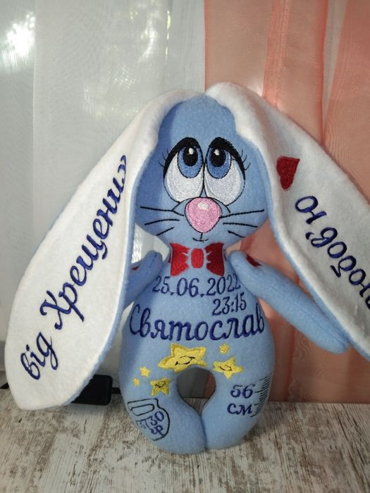 Игрушка именная зайка-метрика с вышивкой