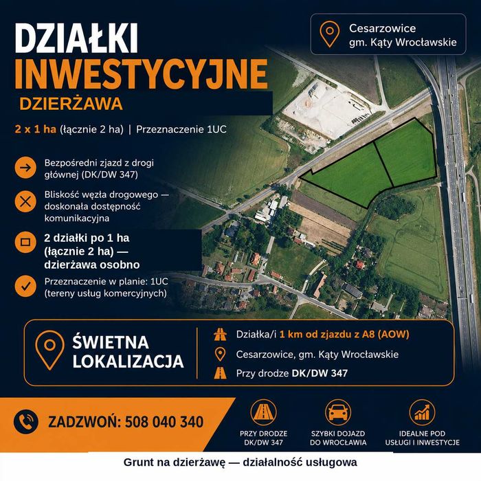 Działka inwestycyjna  UC - Dzierżawa 3.4 zl m2/msc 2 ha, Cesarzowice k. Wrocławia, przy A8