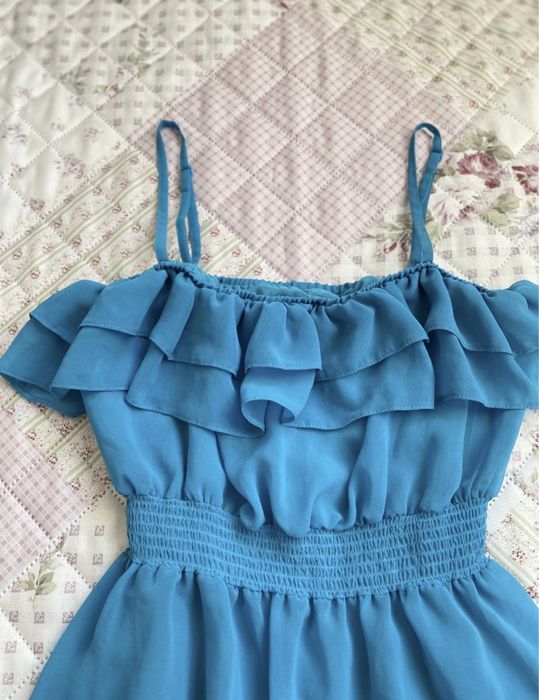 Niebieski top na ramiączka S 36 H&M mesh falbanki 00s