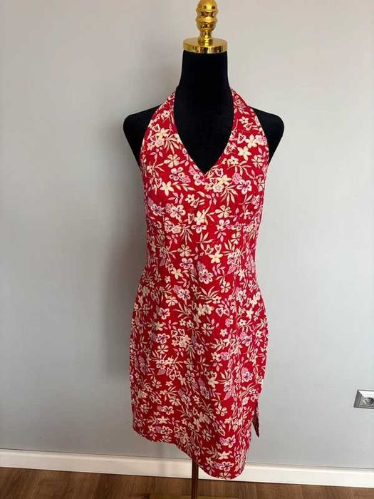 Czerwona sukienka halter w kwiaty POET vintage Y2K hawajski styl retro S/M