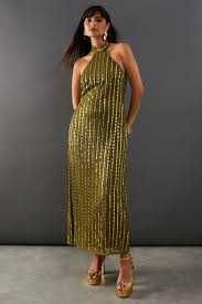 Warehouse Sukienka maxi oliwkowa kamienie galamour wesele S/M GRATIS