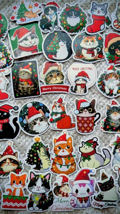 Набор наклеек новогодние коты Merry Christmas Santa Claus cat стикеры
