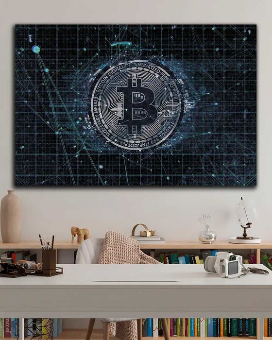 Картина в офіс - Bitcoin Blue Glitch - 60х90 см
