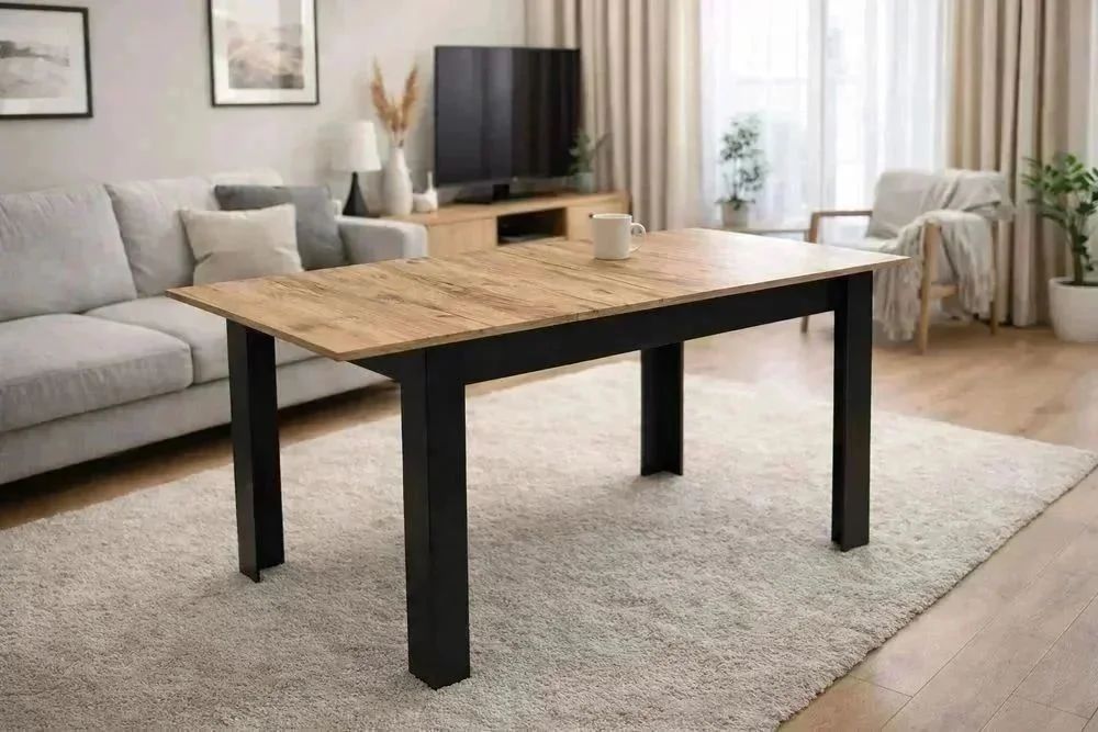 NOWY Stół Rozkładany 120/160x80 cm Duży z Krzesłami Do Kuchni Jadalni Salonu Stół Dąb Craft Czarny i Krzesła Kuchenny Meble do Domu Zestaw Komplet FV!