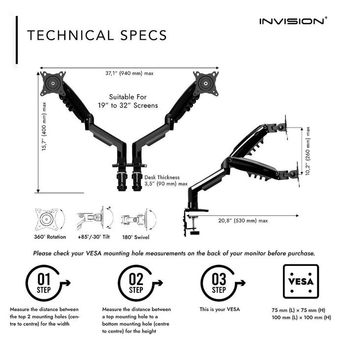 Invision MX400 Suporte para monitor de braço duplo para ecrãs de 19 a 32 polegadas VESA de 75/100 mm