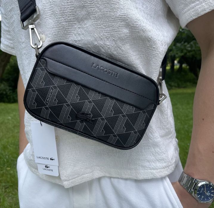 Якісна сумка через плече | барсетка LACOSTE чорна шкіряна | лакост