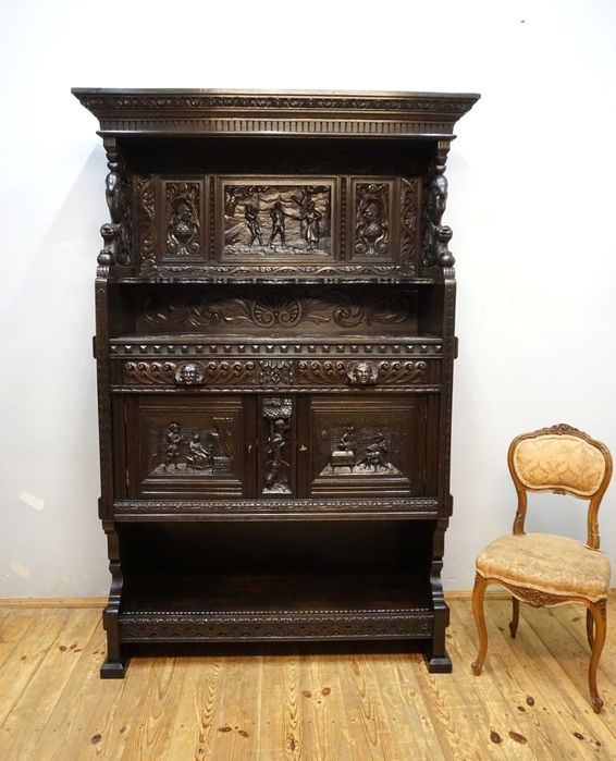 Stary Bogato Rzeźbiony Kredens Komoda Z NADSTAWKĄ UNIKAT