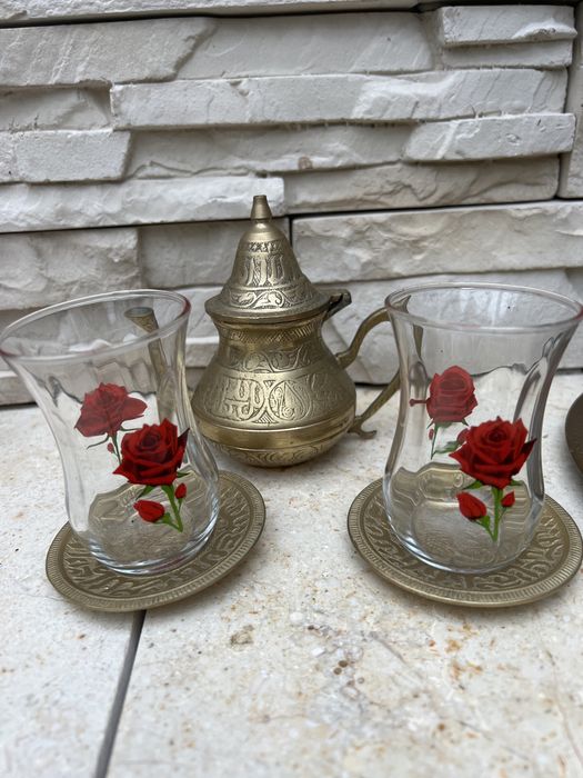 Stary mosiężny arabski zestaw do herbaty czajnik taca z mosiądzu