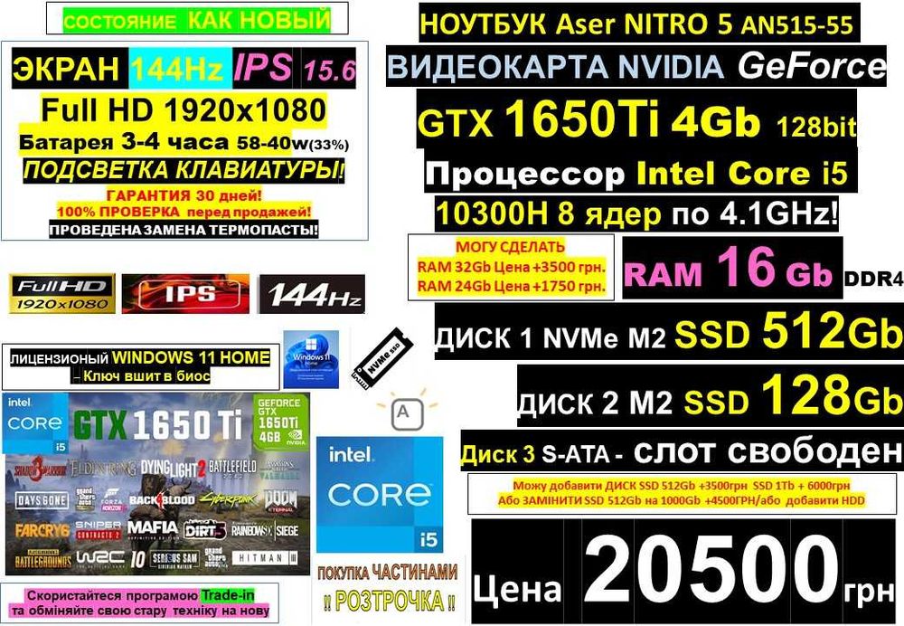 99+ Ноутбуківℹ️Acer NITRO 5‼️ 144hz‼️ GTX1650Ti/Core i5/SSD 640Gb/16Gb