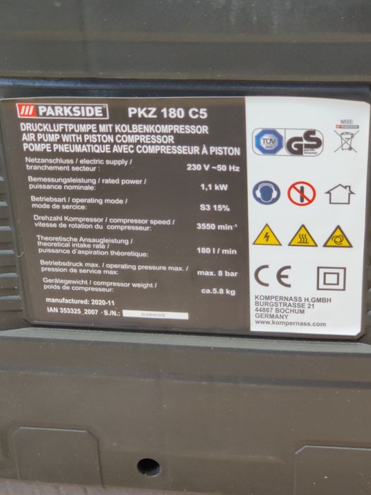 НОВ автомоб безмасляный компрессор сГермани Parkside PKZ 180/компресор