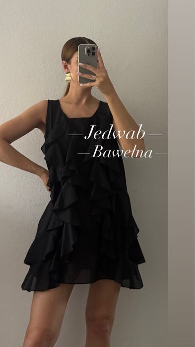 Czarna bluzka tunika falbanki jedwab bawełna L XL 40 42