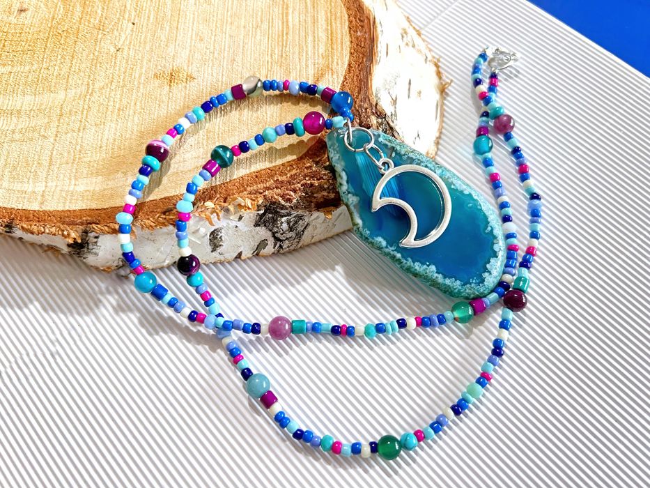 Naszyjnik handmade Luna Lunula agat cięty plaster