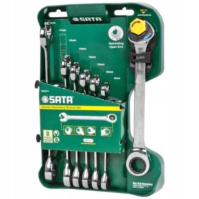 Klucze płasko-oczkowe z PODWÓJNĄ grzechotką Zestaw Sata 8szt