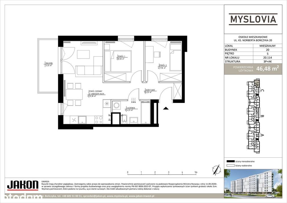 3-pokojowe mieszkanie 46m2 + balkon
