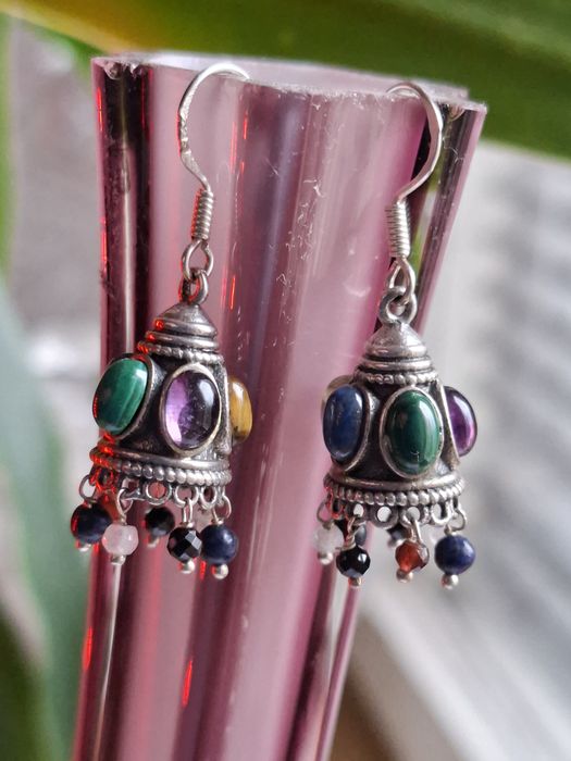 Srebrne kolczyki ametyst malachit labradoryt srebro rękodzieło