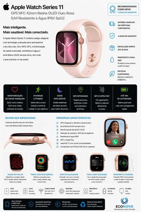 EN Apple Watch Series 11 GPS NFC 46mm Retina OLED Ouro Rosa Rosa M/L