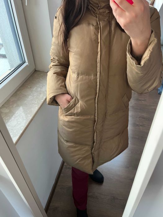 Zimowy puchowy beżowy płaszcz damski Zara L pinterest aesthetic