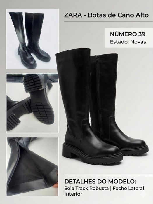 Botas ZARA em PELE (Cano Alto) – Tam. 39 – NOVAS