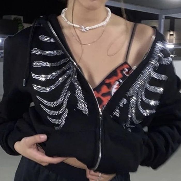 Зип худи со стразами, ребра, y2k