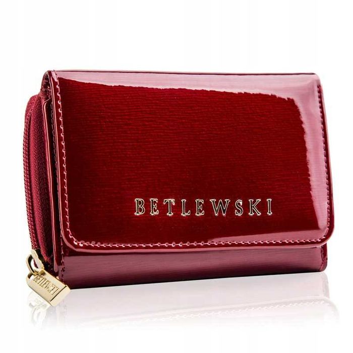 BETLEWSKI elegancki portfel damski ze skóry naturalnej czerwony suwak
