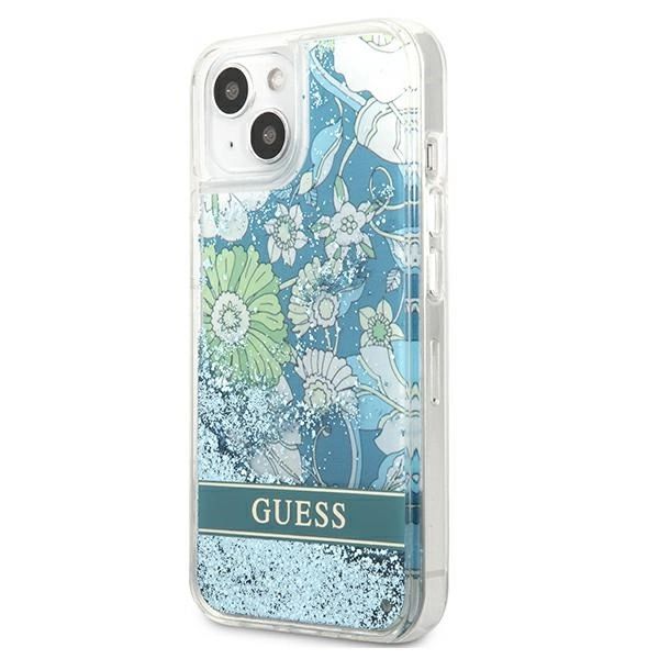 Etui Guess Flower Liquid Glitter na iPhone 13 mini - zielone