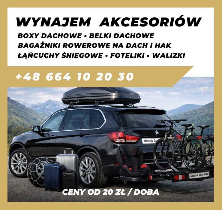 Wynajem Boksy i Belki Dachowe, Foteliki, Bagażniki Rowerowe, Łańcuchy.