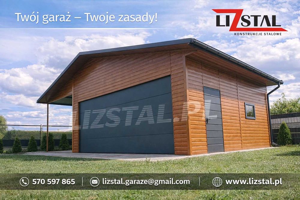 Garaż z wiatą 6x6, wypusty dachu, segmentowa