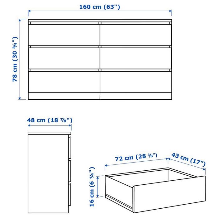 Ikea MALM Komoda, 6 szuflad, okleina dębowa bejcowana na biało, 160x78 cm