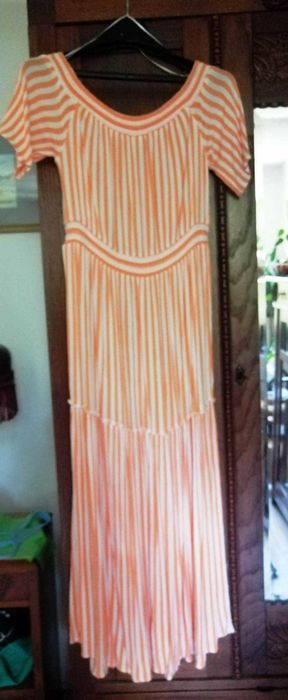 Długa letnia sukienka w paski, carmen, maxi 40/42